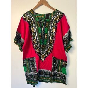 Look At Me Dashiki Tunic Wm OS Pink Cotton Tribal Print V-Neck Pocket Top Boho